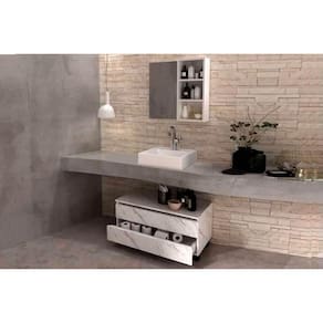 Armário c/ Balcão Banheiro Rodizios BN3603 s/ Cuba 80cm e Espelho BN3609 Mármore Branco - Tecno Mobili