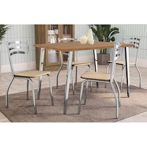 Conjunto: Mesa de Cozinha Iguaçu c/ Tampo de Madeira 136cm e 4 Cadeiras Portugal Cromada/Nogueira - Courano Bege - Kappesberg