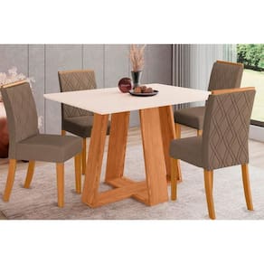 Conjunto: Mesa de Cozinha Lins SC91 Tampo Madeirado c/ Vidro Canto Reto 120x80cm e 4 Cadeiras Vita Nature/Suede Light Bege - Henn