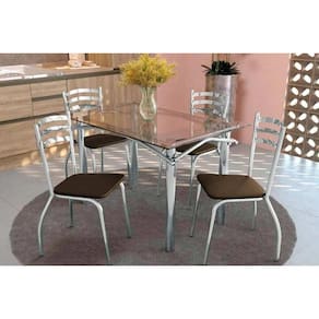 Conjunto: Mesa de Cozinha Elba c/ Tampo de Vidro 120cm e 4 Cadeiras Portugal Cromada - Courano Marrom - Kappesberg