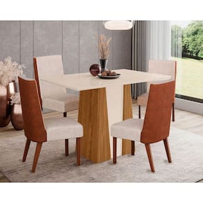 Conjunto: Mesa de Cozinha Orus Tampo Madeirado c/ Vidro 120x80cm e 4 Cadeiras Anne Nature/Courano/Linho - Henn