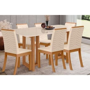 Kit 6 Cadeiras de Cozinha Yara SC79 Tampo Madeirado c/ Vidro Canto Curvo 160x90cm e 6 Cadeiras Isa Nature/Linho - Henn