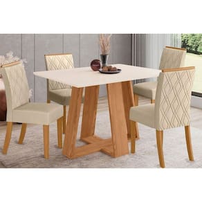 Conjunto: Mesa de Cozinha Lins SC91 Tampo Madeirado c/ Vidro Canto Reto 120x80cm e 4 Cadeiras Vita Nature/Suede Light Linho - Henn