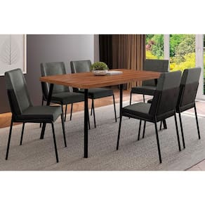 Conjunto: Mesa de Cozinha Stellar 1597 Aço c/ Tampo Madeirado 160x90cm e 6 Cadeiras Hug Preto/Nogal - Preto/Grafite - Preto - Carraro