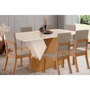 Conjunto: Mesa de Cozinha Épic SC24 Tampo Madeirado c/ Vidro Canto Curvo 160x90cm e 6 Cadeiras Milla Nature/Suede Light Marrom Amêndoa - Henn