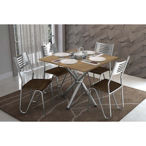 Conjunto: Mesa de Cozinha Volga c/ Tampo de Madeira 90cm e 4 Cadeiras Nápoles Cromado/Nogueira - Courano Marrom - Kappesberg