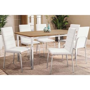Conjunto: Mesa de Cozinha Reno c/ Tampo de Madeira 160cm e 6 Cadeiras Amsterdã Cromada/Branco 106 - Kappesberg