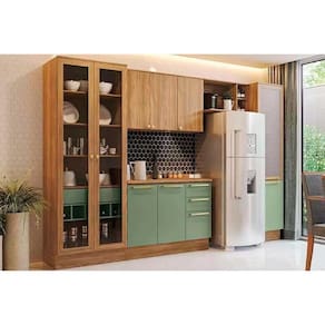 Kit Cozinha Completa 6 Peças Botanic (2Aéreos+1Balcão+1Cristaleira+1Paneleiro+1Complemento) M661 Nogueira/Verde Oliva - Kappesberg