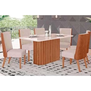 Conjunto: Mesa de Cozinha Solana SC68 Tampo Madeirado c/ Vidro Canto Curvo 160x90cm e 6 Cadeiras Anne Nature/Courano/Creme - Henn
