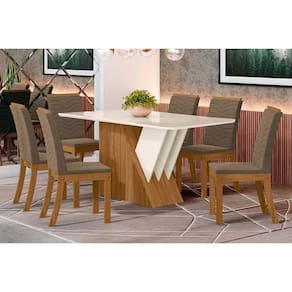 Conjunto: Mesa de Cozinha Épic SC24 Tampo Madeirado c/ Vidro Canto Curvo 160x90cm e 6 Cadeiras Isa Nature/Suede Light Bege - Henn