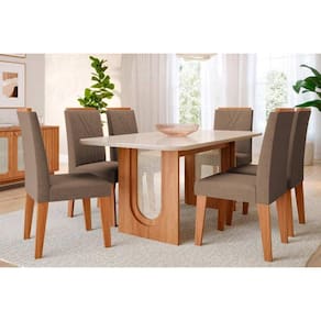 Conjunto: Mesa Sala Jantar Valentina Tampo Madeirado c/ Vidro 180x90cm e 6 Cadeiras Nicole Cinamomo/Off White - Nature/Suede Joli Chocolate - Cimol