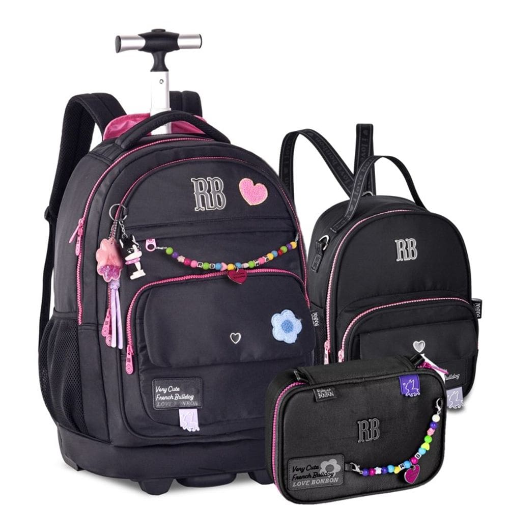Kit Mochila de Rodinhas Rebecca Bonbon Color Pop Miçangas + Lancheira e Estojo Preto