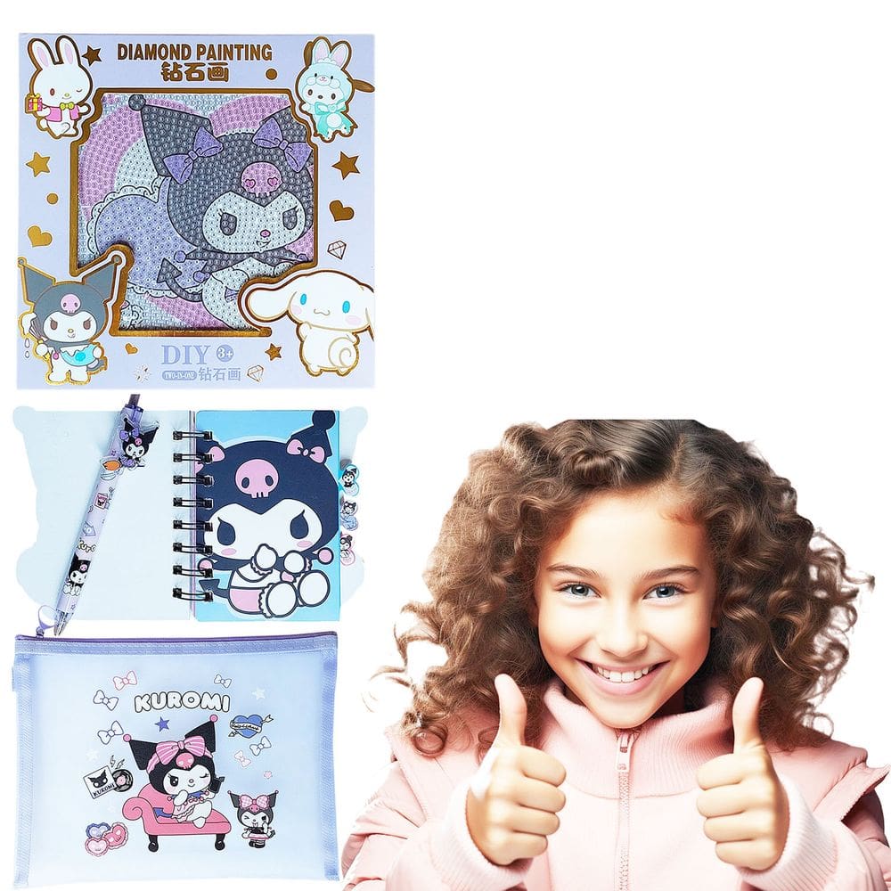 Kit Pintura Diamante Diy Diamond Infantil 5D Desenho Anime + Papelaria Fofa Kawaii = 4 Produtos