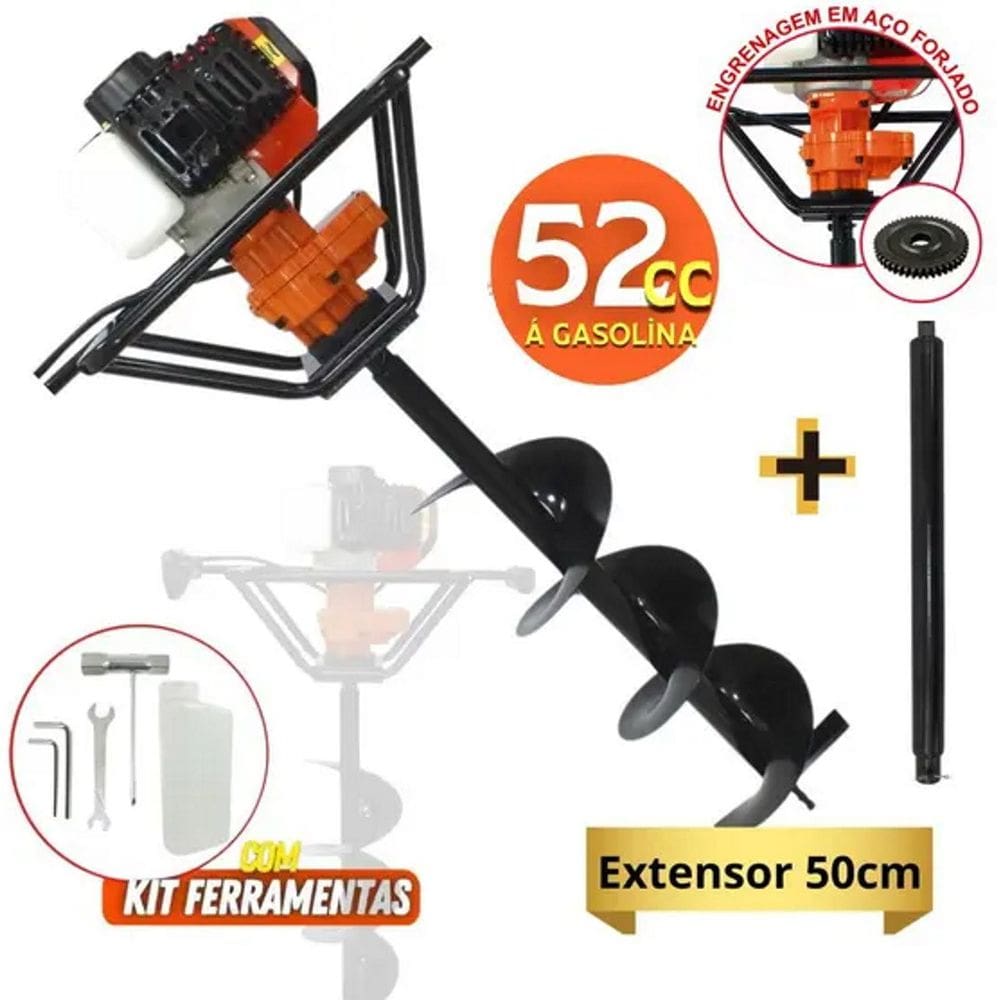 Perfurador de Solo Gasolina Vulcan Trent VPS-520 + Extensor 50cm e Trado Broca 80x20cm p/ Perfurar Estacas e Cercas