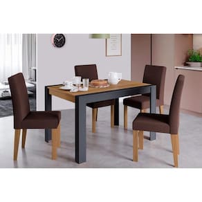 Conjunto: Mesa de Cozinha Grace Tampo Madeirado 130x90cm e 4 Cadeiras Milena Nature/Suede Joli Chocolate - Cimol