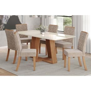 Conjunto: Mesa de Cozinha Lins c/ Tampo Madeirado c/ Vidro Curvo 200x90cm e 6 Cadeiras Esther Nature/Linho Creme - Henn