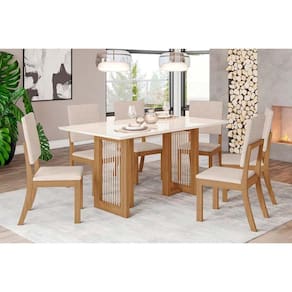 Conjunto: Mesa de Cozinha Yara c/ Tampo Madeirado c/ Vidro Reto 160x90cm e 6 Cadeiras Milla Nature/Linho - Henn