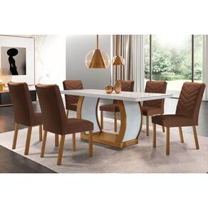Conjunto: Mesa de Cozinha Jade Tampo Madeirado c/ Vidro Canto Curvo 180x90 e 6 Cadeiras Londrina Imbuia/Off White - Suede Marrom - Rufato