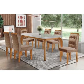 Mesa Cozinha Londrina c/ Tampo Madeirado c/ Vidro Canto Curvo 180x90cm e 6 cadeiras Imperatriz Imbuia/Off White - Suede Capuccino-Rufato