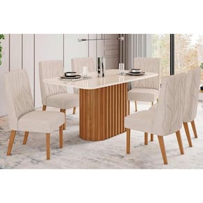 Conjunto: Mesa de Cozinha Solana c/ Tampo Madeirado c/ Vidro Curvo 200x90cm e 8 Cadeiras Eloá Nature/Suede Light Linho - Henn