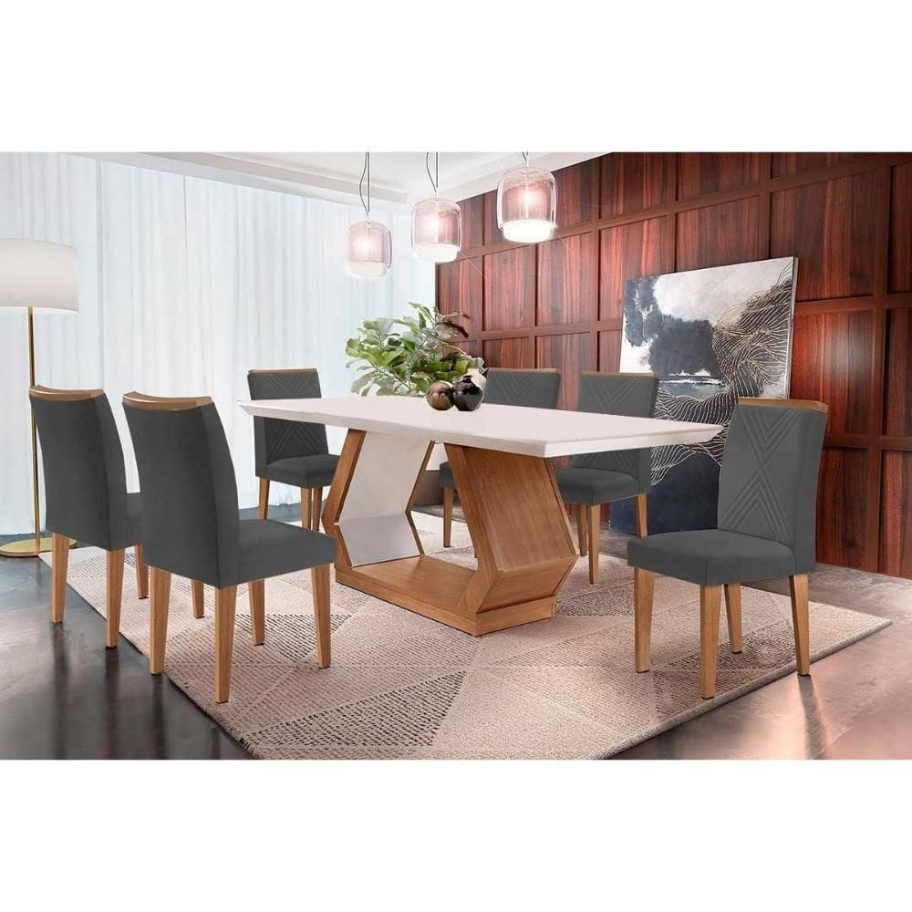 Conjunto: Mesa de Cozinha Alvorada c/ Tampo Madeirado Canto Reto 180x90cm e 6 Cadeiras Amsterdã Imbuia/Off White - Linho Grafite - Rufato