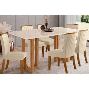 Conjunto: Mesa de Cozinha Yara SC79 Tampo Madeirado c/ Vidro Canto Curvo 160x90cm e 6 Cadeiras Tauá Nature/Linho - Henn