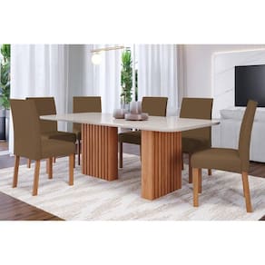 Conjunto: Mesa de Cozinha Ester c/ Tampo Madeirado c/ Vidro 180x90cm e 6 Cadeiras Maia Nature/Suede Mascavo Chocolate - Cimol