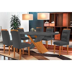 Conjunto: Mesa de Cozinha Imperatriz Tampo Madeirado c/ Vidro Curvo 180x90 e 6 Cadeiras Imperatriz Capuccino/Suede Grafite - Rufato