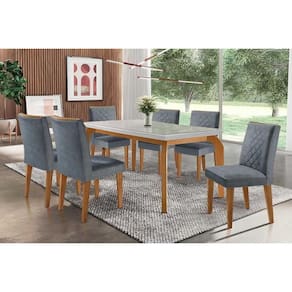 Conjunto: Mesa de Cozinha Londrina Tampo Madeirado c/ Vidro 180x90cm e 6 Cadeiras Jade Imbuia/Grafite - Rufato