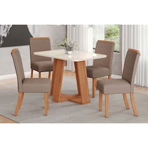 Conjunto: Mesa de Cozinha Lins c/ Tampo Madeirado c/ Vidro Curvo 120x80cm e 4 Cadeiras Malu Nature/Suede Light Marrom Amendoa - Henn