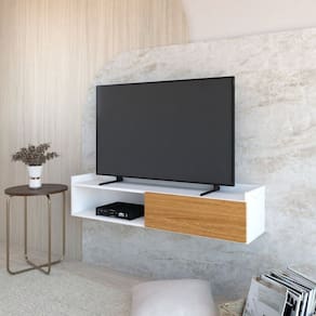 Rack Suspenso para Tv até 50 Pol. com 1 Porta e 1 Nicho Atena Branco/ Amadeirado /Freijó