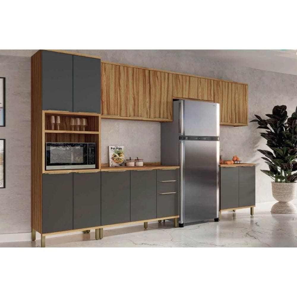 Kit Cozinha Modulada 6 Peças Sauvignon (3Aéreos+2Balcões+1TorreQuente) C6P92 Amendoa/Grafite - Ronipa