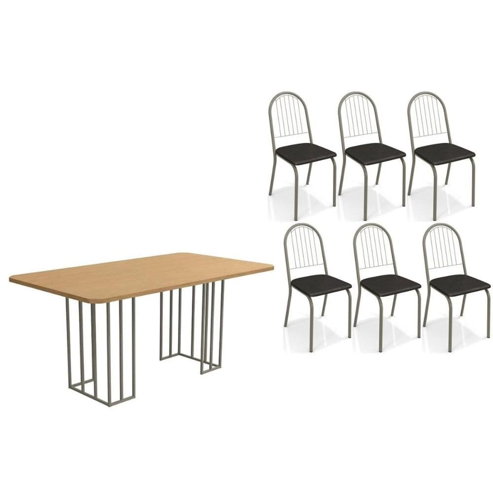 Conjunto: Mesa de Cozinha Duina c/ Tampo de Madeira 160cm e 6 Cadeiras Noruega Niquel/Freijo - Courano Preto - Kappesberg