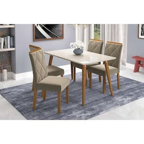 Mesa Cozinha Adele Madeira Maciça c/ Tampo Madeirado c/ Vidro 130x80cm e 4 Cadeiras Fernanda Madeirado/Off White-Suede Joli Capuccin-Cimol