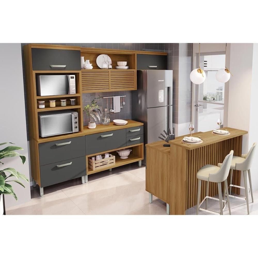 Kit Cozinha Modulada 5 Peças Princesa (1Aéreo+2Balcões+1Paneleiro+1Ilha) C6P61 Freijo/Grafite - Nesher