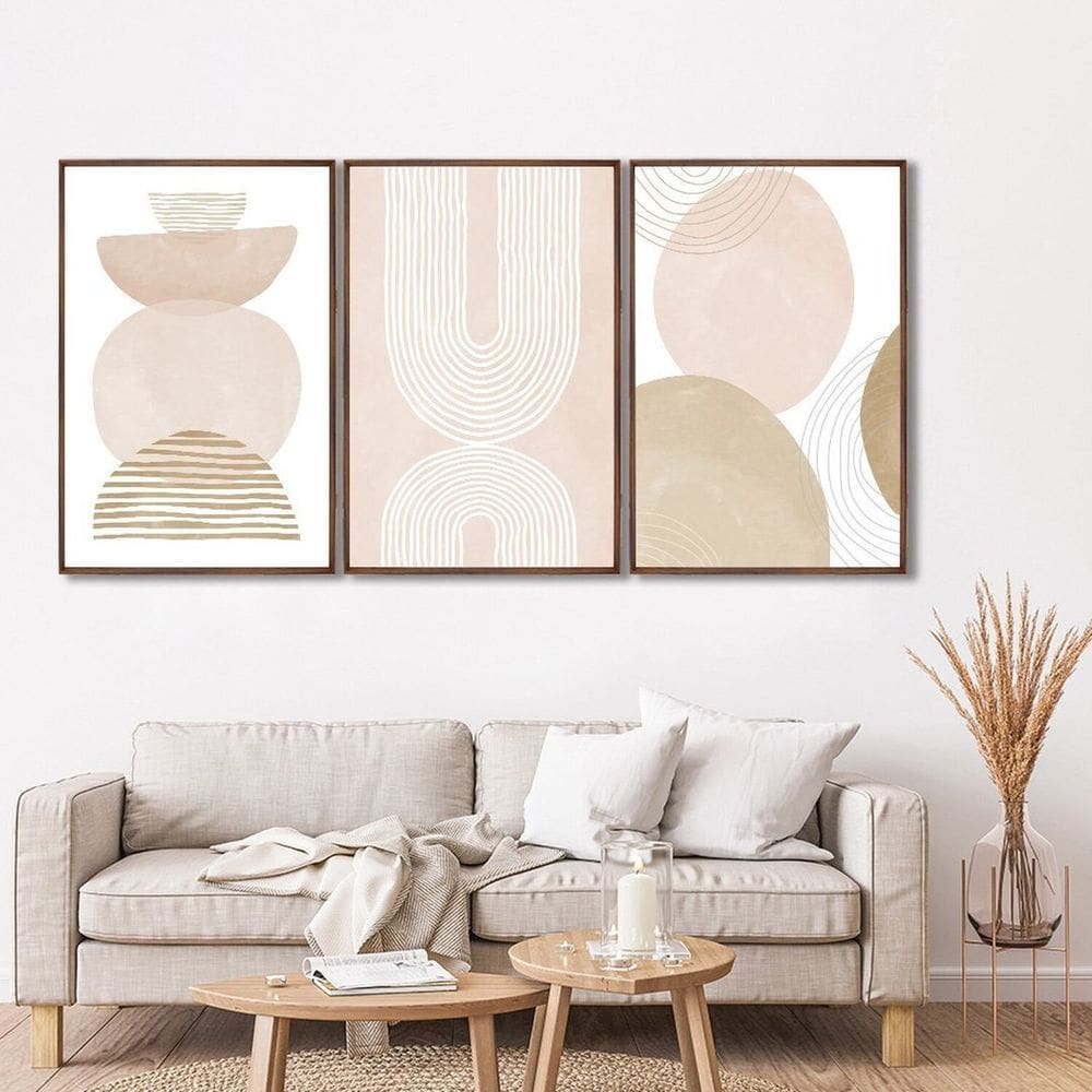 Quadro Decorativo Abstrato Formas Arredondadas com 3 Telas para Sala Quarto Escritório 60cm X 90cm Marrom