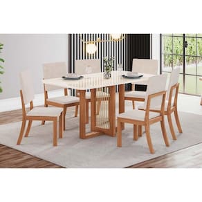 Conjunto: Mesa de Cozinha Natalí c/ Tampo Madeirado c/ Vidro Curvo 160x80cm e 6 Cadeiras Milla Nature/Suede Light Linho - Henn