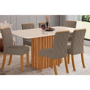 Conjunto: Mesa de Cozinha Solana SC68 Tampo Madeirado c/ Vidro Canto Curvo 160x90cm e 6 Cadeiras Vita Nature/Suede Light Bege - Henn