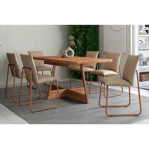 Conjunto: Mesa de Cozinha Átria 1592 Aço c/ Tampo Madeirado 160x90cm e 6 Cadeiras 1750 Rose/Freijo/Nogal - Rose/Areia - Carraro