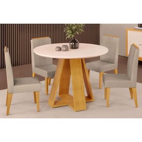 Conjunto: Mesa Sala Jantar Celeste Tampo Madeirado c/ Vidro Redondo 103x103cm e 4 Cadeiras Lia Cedro/Off White - Suede Kraft - DJ Móveis