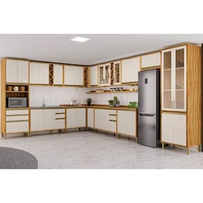 Kit de Cozinha Completa 16 Peças Tempranillo 1 (6Aéreos+5Balcões+1Cristaleira+1TorreQuente+3Complementos) C16P80 Amendoa/Off White - Ronipa