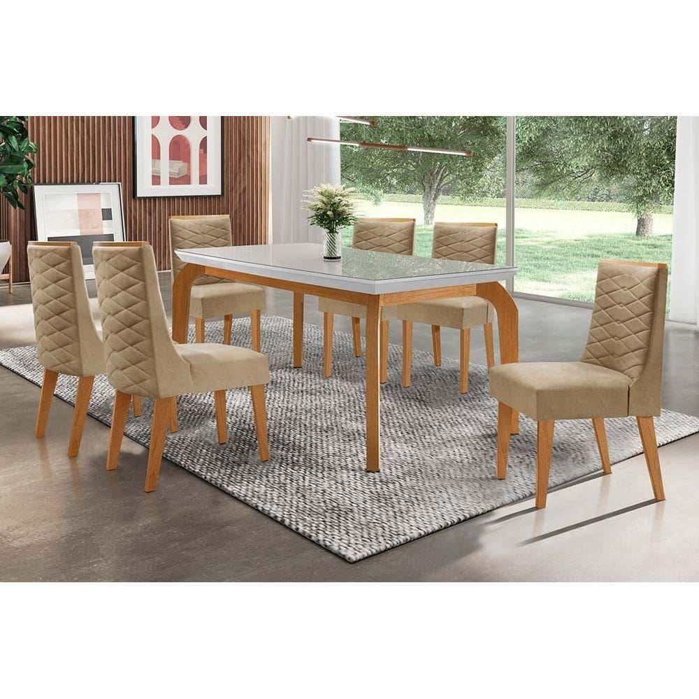 Conjunto: Mesa de Cozinha Londrina Tampo Madeirado c/ Vidro 180x90cm e 6 Cadeiras Dafne Capuccino/Linho Bege Turim - Rufato