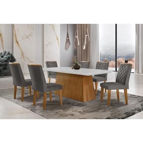 Conjunto: Mesa de Cozinha Luna c/ Tampo de Vidro Canto Curvo 180x90cm e 6 cadeiras Jade Imbuia/Off White - Linho Grafite - Rufato