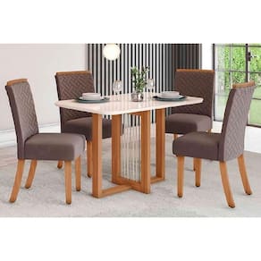 Conjunto: Mesa de Cozinha Natalí c/ Tampo Madeirado c/ Vidro Curvo 120x80cm e 4 Cadeiras Malu Nature/Suede Light Marrom Amendoa - Henn