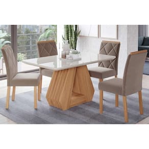 Conjunto: Mesa de Cozinha Ágata Tampo Madeirado c/ Vidro 130x80cm e 4 Cadeiras Fernanda Madeirado/Suede Joli Capuccino - Cimol