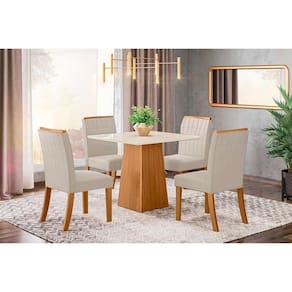 Conjunto: Mesa de Cozinha Dora Tampo Madeirado 90x90cm e 4 Cadeiras Tauá Nature/Linho - Henn