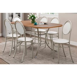 Conjunto: Mesa de Cozinha 1547 Aço c/ Tampo Madeirado 160x90cm e 6 Cadeiras 190 Prata/Freijó -Prata/Branco - Carraro