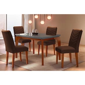 Conjunto: Mesa de Cozinha Londrina c/ Tampo Madeirado c/ Vidro Canto Reto 120x80cm e 4 cadeiras Londrina Imbuia/Grafite - Suede Marrom - Rufato