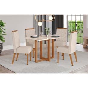 Conjunto: Mesa de Cozinha Natalí c/ Tampo Madeirado c/ Vidro Reto 120x80cm e 4 Cadeiras Nina Nature/Suede Light Linho - Henn