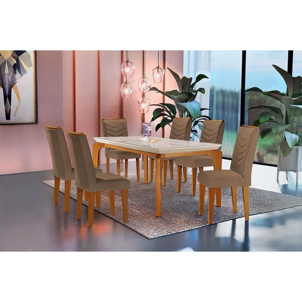 Conjunto: Mesa de Cozinha Londrina Tampo Madeirado c/ Vidro Curvo 180x90cm e 6 Cadeiras Londrina Imbuia/Suede Capuccino - Rufato